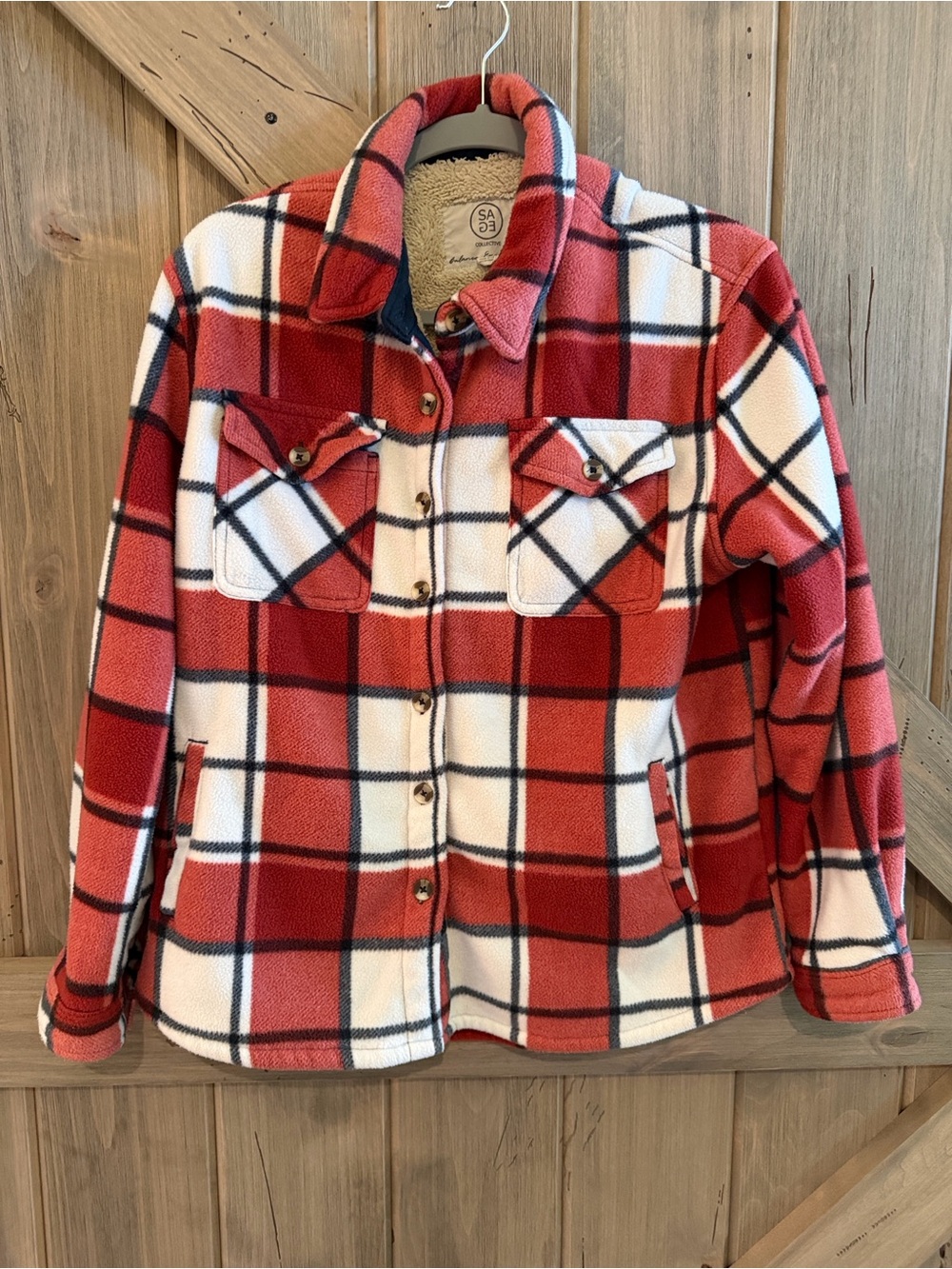 Cozy Red Plaid Fleece Shacket - Women's Sweatshirt Hoodie Size M